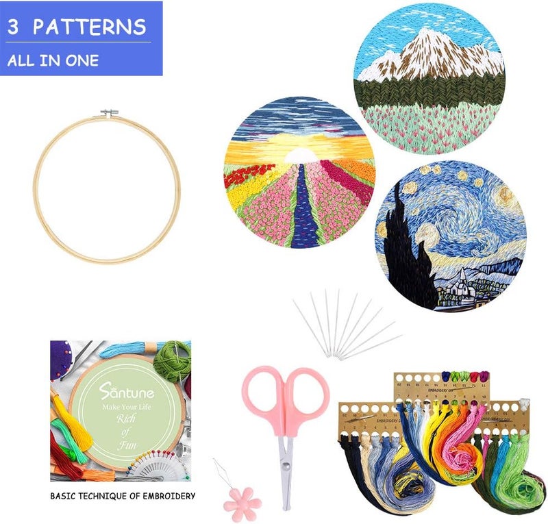 Santune 3 Sets Embroidery Starter Kit with Instructions,Cross Stitch Set,Stamped Needlepoint Kits with Water-Soluble Pattern,1 Hoop,Hand Crafts,Sewing Hobby - Image 3